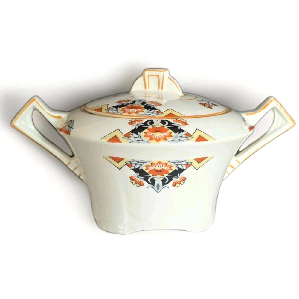 Vtg Alfred Meakin Balmoral Marigold Sugar Bowl Princess Shape Footed Lidded 30s